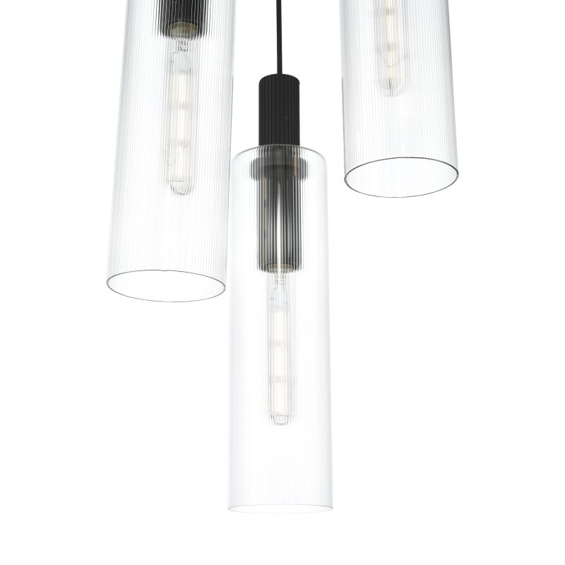 Dar-RUB8822 - Ruben - Black 3 Light Cluster Pendant with Ribbed Clear Glasses