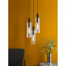 Ruben - Black 3 Light Cluster Pendant with Ribbed Clear Glasses Ruben - Black 3 Light Cluster Pendant with Ribbed Clear Glasses