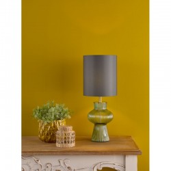 Suelita - Green Ribbed Glass & Antique Brass Table Lamp with Grey Shade Suelita - Green Ribbed Glass & Antique Brass Table Lamp with Grey Shade