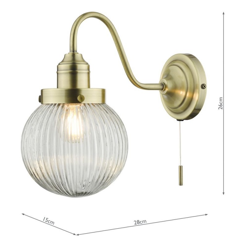 Dar-TAM0775 - Tamara - Clear Ribbed Glass & Antique Brass Wall Lamp