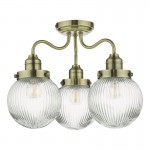 Tamara - Bathroom Antique Brass 3 Light Semi Flush with Clear Ribbed Glass