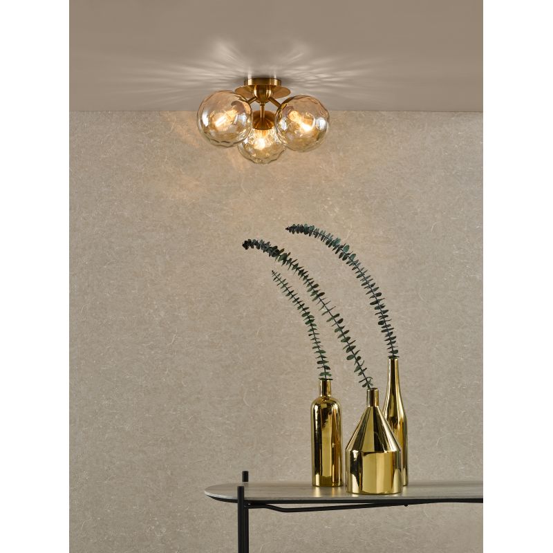 Dar_Vol3-ULR5306 - Ulrika - Antique Brass 3 Light Flush with Dimpled Amber Glass