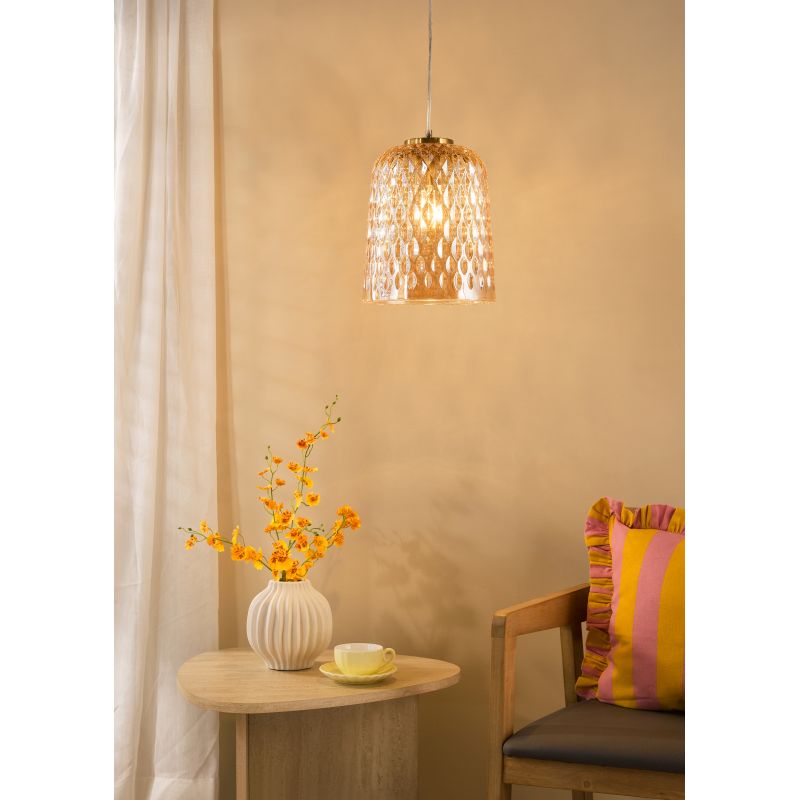 Dar-VAR0120 - Varius - Natural Brass Pendant with Decorative Amber Glass