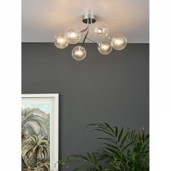 Yiska - Chrome 6 Light Ceiling Lamp with Clear Ribbed Glass Yiska - Chrome 6 Light Ceiling Lamp with Clear Ribbed Glass