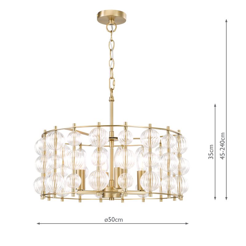 Dar-YUR0435 - Yuridia - Satin Gold 4 Light Centre Fitting with Ribbed Glass Globes