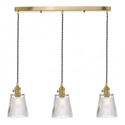 Hadano - Natural Brass 3 Light over Island Fitting with Ribbed Glass Shades Hadano - Natural Brass 3 Light over Island Fitting with Ribbed Glass Shades