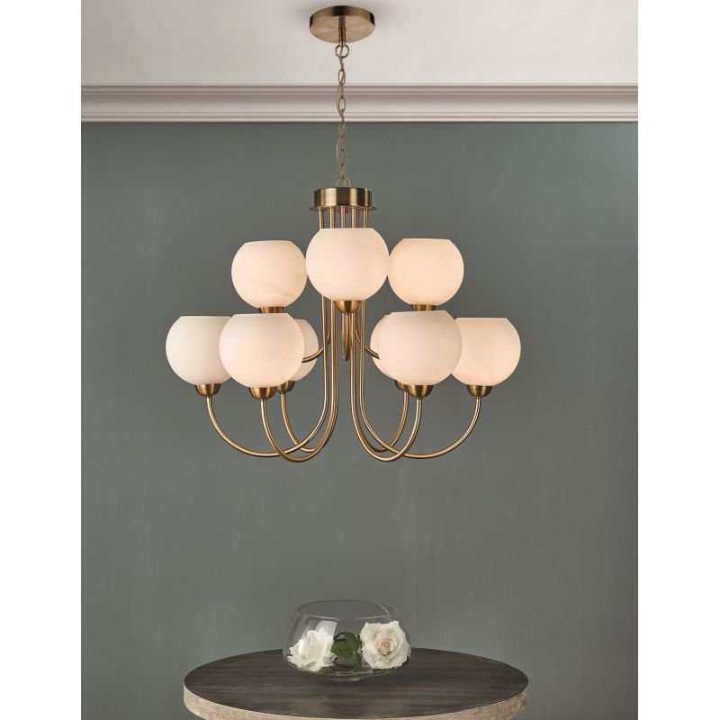 Dar-IND1335 - Indra - Opal Glass with Natural Brass 9 Light Centre Fitting