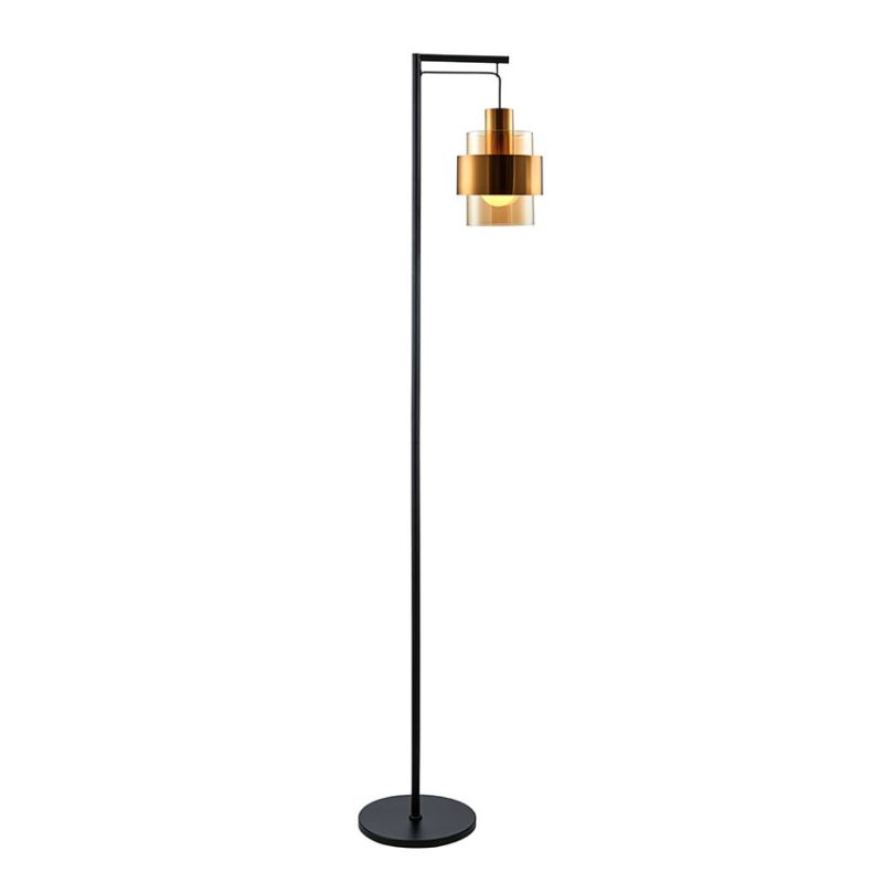 Cork Lighting-FL4202/AMB - Mela - Black & Matt Brass Floor Lamp with Amber Glass