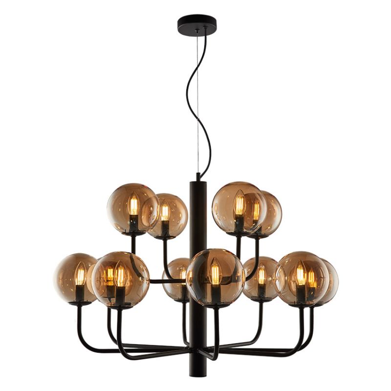 Cork Lighting-LF2330/12BL - Taishan - Black 12 Light Centre Fitting with Amber Glass