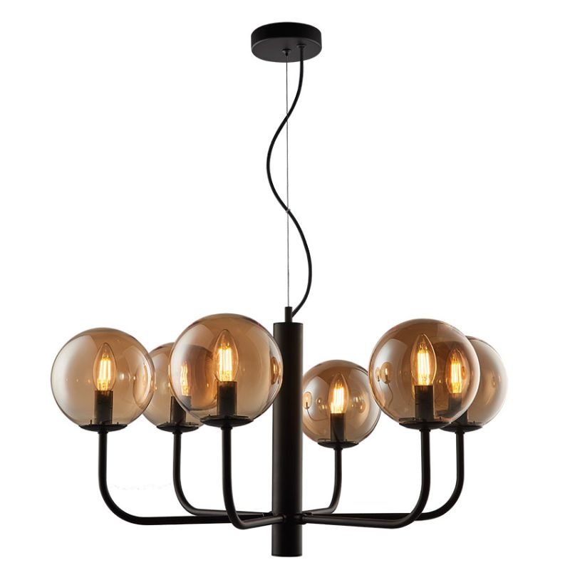 Cork Lighting-LF2330/6BL - Taishan - Black 6 Light Centre Fitting with Amber Glass