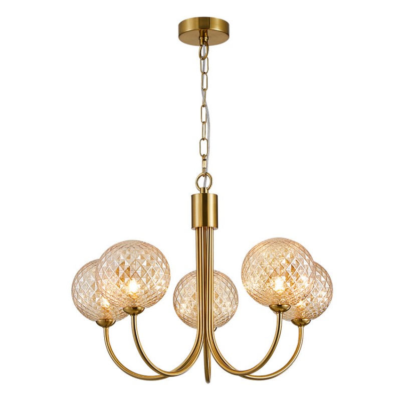 Cork Lighting-LF9022/5SB - Fado - Satin Brass 5 Light Centre Fitting with Textured Amber Glasses