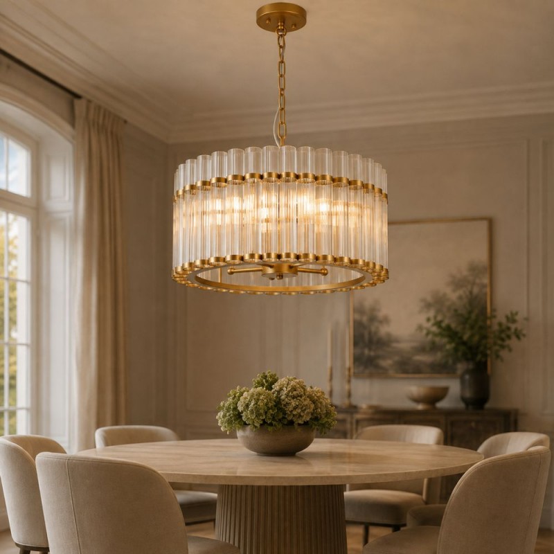 Cork Lighting-PF10637/5 - Auric - Painted Gold 5 Light Pendant with Ribbed Glass Rods