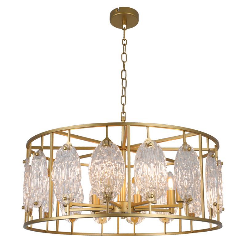 Cork Lighting-PF1652/8GLD - Elm - Satin Brass 8 Light Lantern Pendant with Decorative Glass