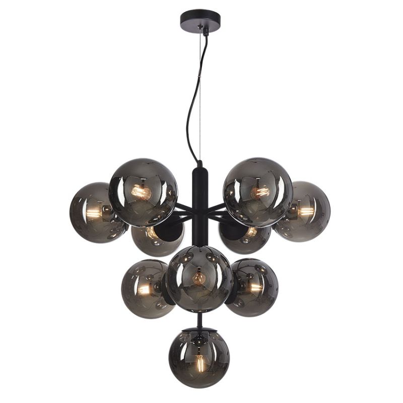 Cork Lighting-PF1805-10SMK - Planet - Black 10 Light Pendant with Smoked Mirrored Glasses