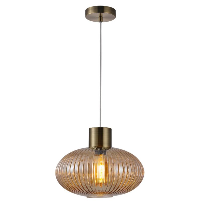 Cork Lighting-PF2023/1AM - Skytech - Ribbed Amber Glass & Antique Brass Pendant