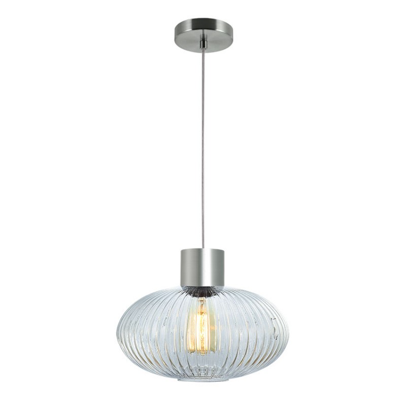 Cork Lighting-PF2023/1CLR - Skytech - Satin Nickel Pendant with Ribbed Clear Glass