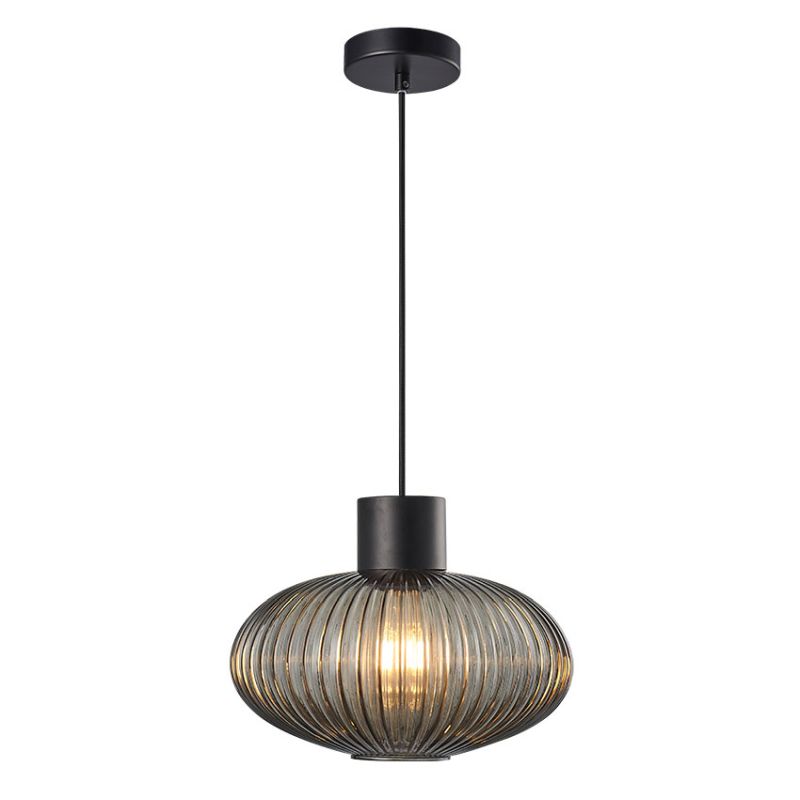 Cork Lighting-PF2023/1SMK - Skytech - Ribbed Smoked Glass & Black Pendant