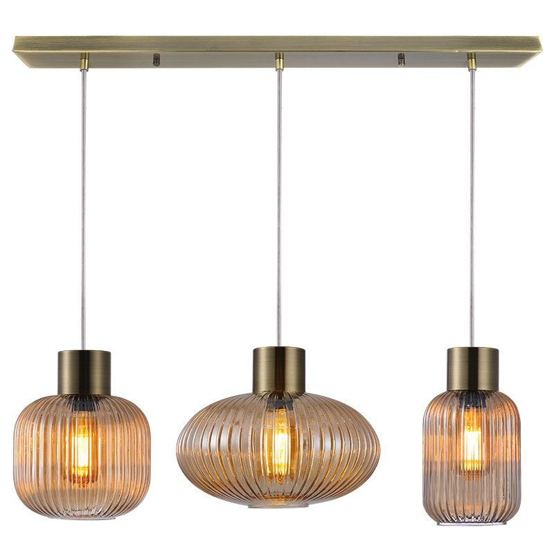 Cork Lighting-PF2023/3AM - Skytech - Ribbed Amber Glass & Antique Brass 3 Light over Island Fitting
