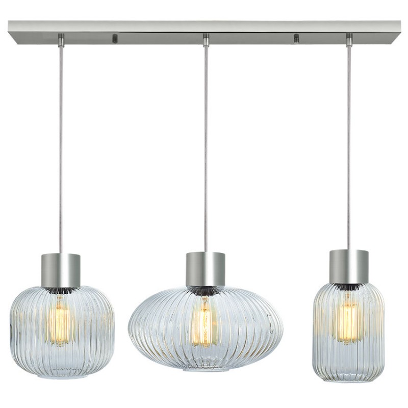 Cork Lighting-PF2023/3CLR - Skytech - Satin Nickel 3 Light over Island Fitting with Ribbed Clear Glasses