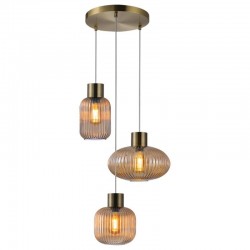 Skytech - Antique Brass 3 Light Cluster Pendant with Ribbed Amber Glasses