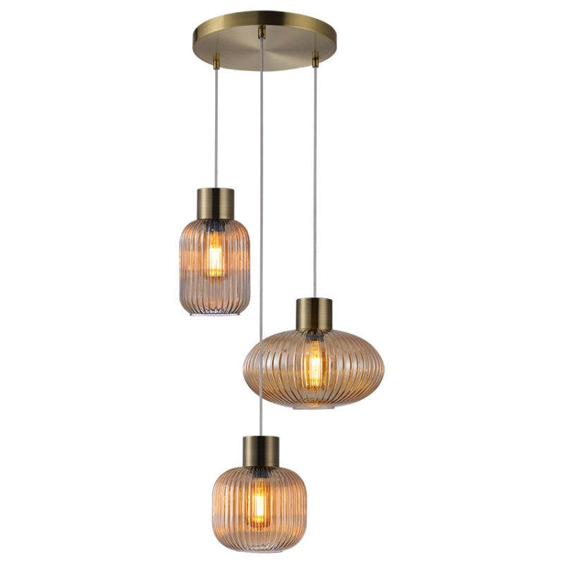 Cork Lighting-PF2023/3RAM - Skytech - Ribbed Amber Glass & Antique Brass 3 Light Cluster