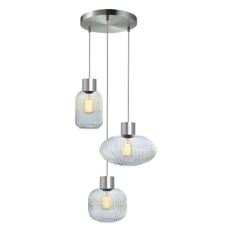 Cork Lighting-PF2023/3RCLR - Skytech - Satin Nickel 3 Light Cluster with Ribbed Clear Glasses