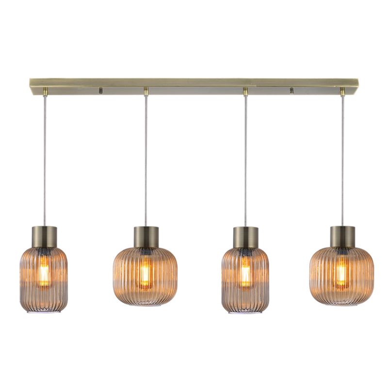 Cork Lighting-PF2023/4AM - Skytech - Antique Brass 4 Light over Island Fitting with Ribbed Amber Glasses