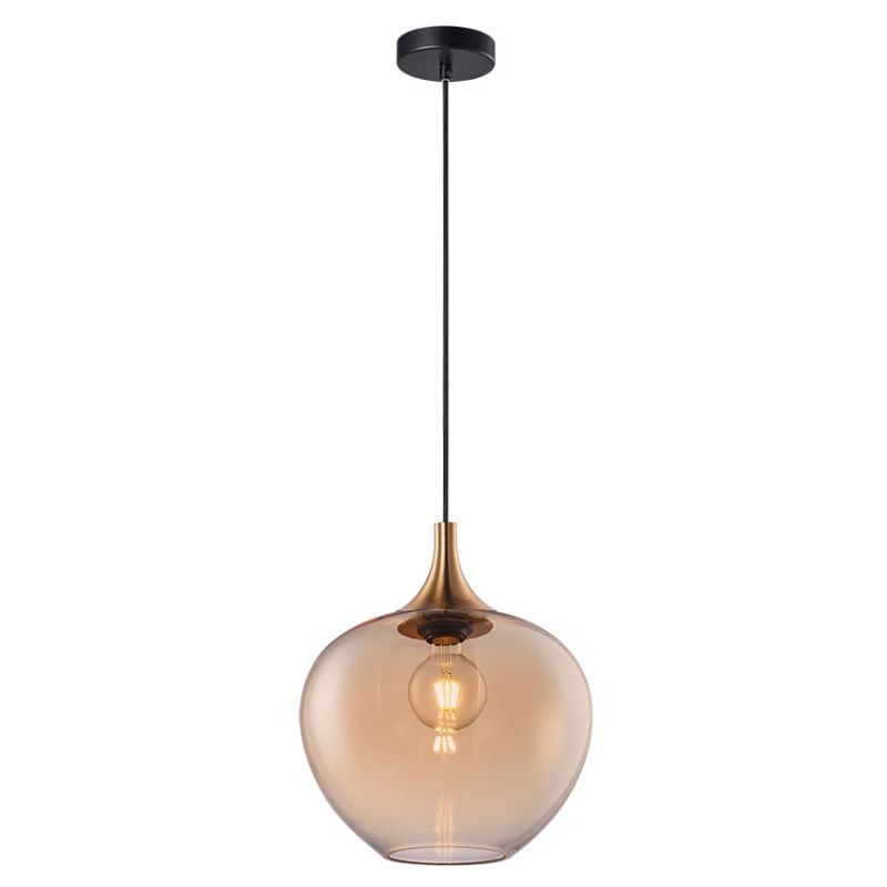 Cork Lighting-PF2522/1LAMB - Berkley - Black & Bronze Pendant with Amber Glass ⌀ 29 cm