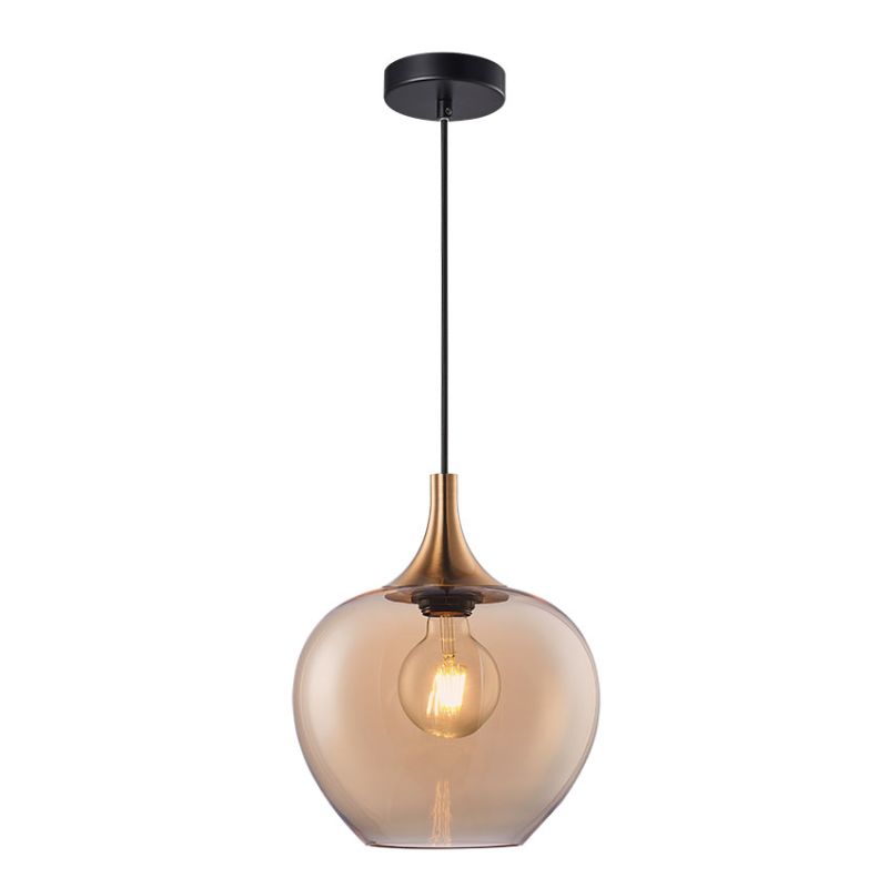 Cork Lighting-PF2522/1SAMB - Berkley - Black & Bronze Pendant with Amber Glass ⌀ 24 cm