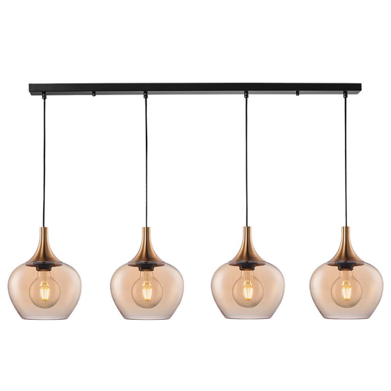 Cork Lighting-PF2522/4AMB - Berkley - Black & Bronze 4 Light over Island Fitting with Amber Glass