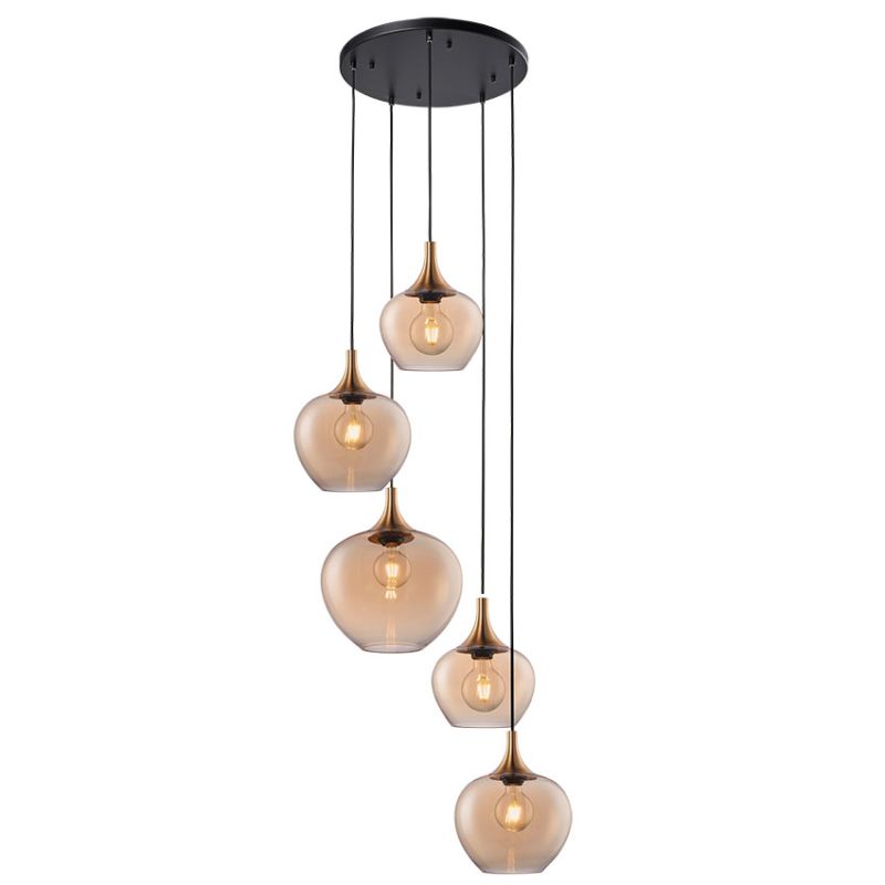 Cork Lighting-PF2522/5AMB - Berkley - Black & Bronze 5 Light Cluster Pendant with Amber Glass