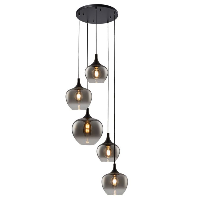 Cork Lighting-PF2522/5BLK - Berkley - Black 5 Light Cluster Pendant with Smoked Glass