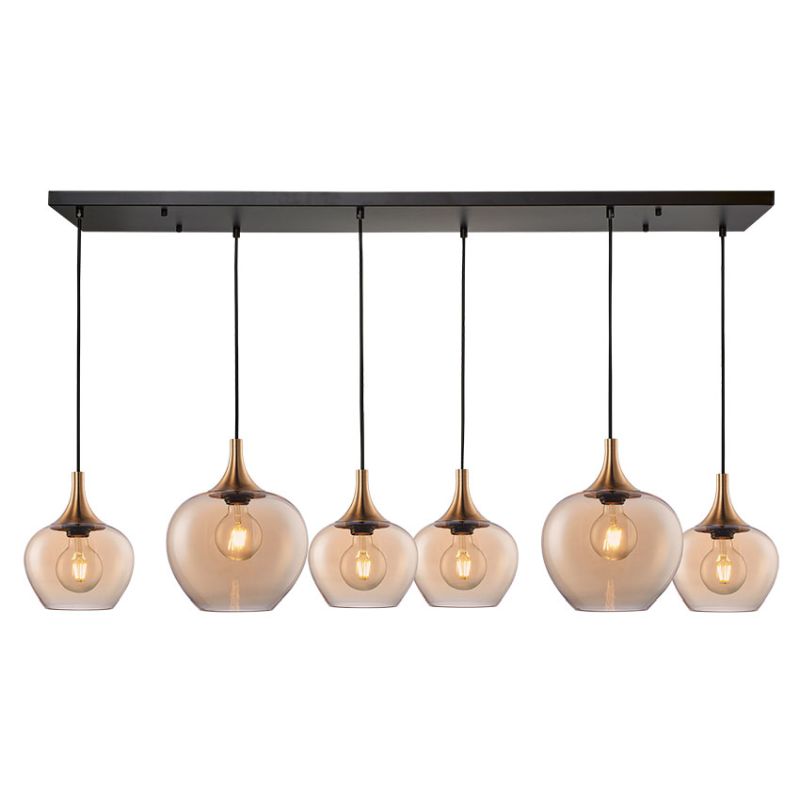 Cork Lighting-PF2522/6AMB - Berkley - Black & Bronze 6 Light over Island Fitting with Amber Glass