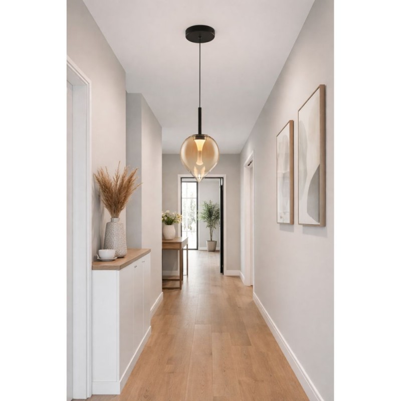 Cork Lighting-PF2576/1AMB - Vetro - Black LED Pendant with Amber Glass