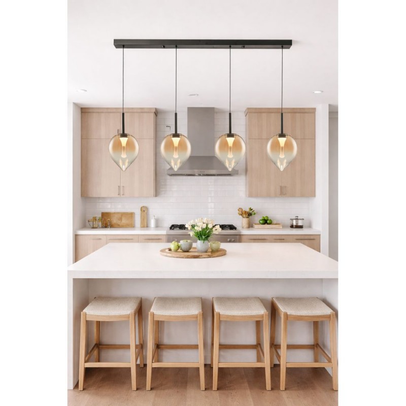 Cork Lighting-PF2576/4AMB - Vetro - Black 4 Light LED over Island Fitting with Amber Glass
