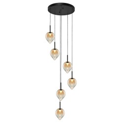 Vetro - Black 6 Light LED Cluster Pendant with Amber Glass