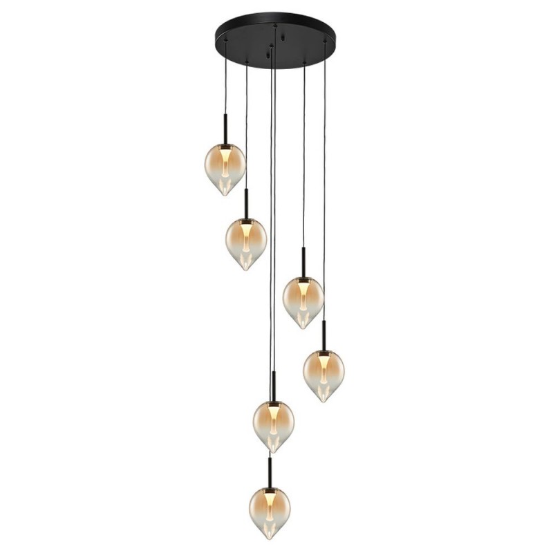 Cork Lighting-PF2576/6AMB - Vetro - Black 6 Light LED Cluster Pendant with Amber Glass
