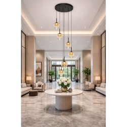 Vetro - Black 6 Light LED Cluster Pendant with Amber Glass