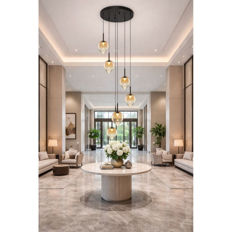 Cork Lighting-PF2576/6AMB - Vetro - Black 6 Light LED Cluster Pendant with Amber Glass