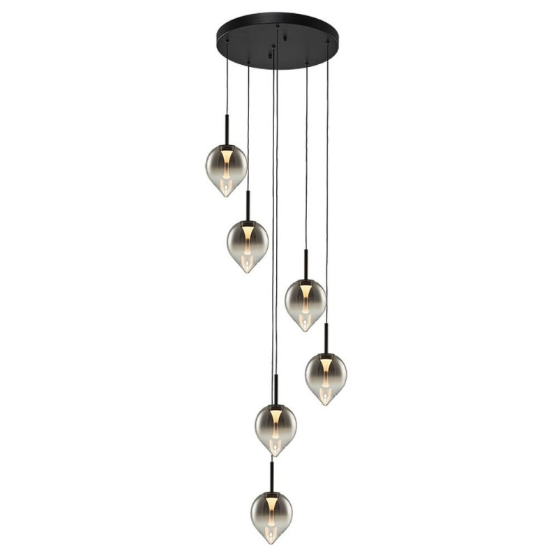 Cork Lighting-PF2576/6SMK - Vetro - Black 6 Light LED Cluster Pendant with Smoked Glass