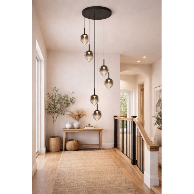 Cork Lighting-PF2576/6SMK - Vetro - Black 6 Light LED Cluster Pendant with Smoked Glass