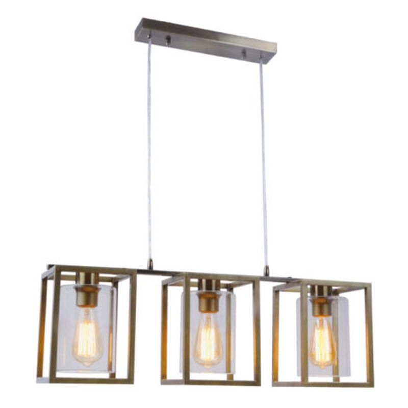 Cork Lighting-PF3366/3AB - Hampton - Antique Brass Cage with Glass 3 Light Over Island Fitting