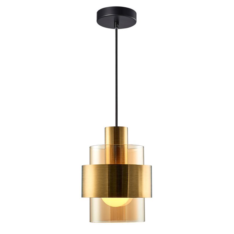 Cork Lighting-PF4202/1AM - Mela - Black & Matt Brass Pendant with Amber Glass