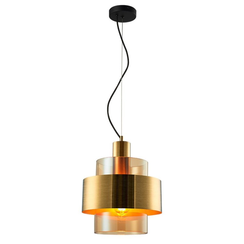Cork Lighting-PF4202/1LAM - Mela - Black & Matt Brass Pendant with Amber Glass