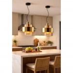 Mela - Black & Matt Brass Pendant with Amber Glass