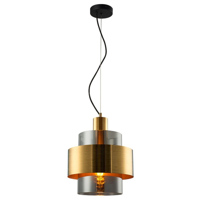 Cork Lighting-PF4202/1LSM - Mela - Black & Matt Brass Pendant with Smoked Glass