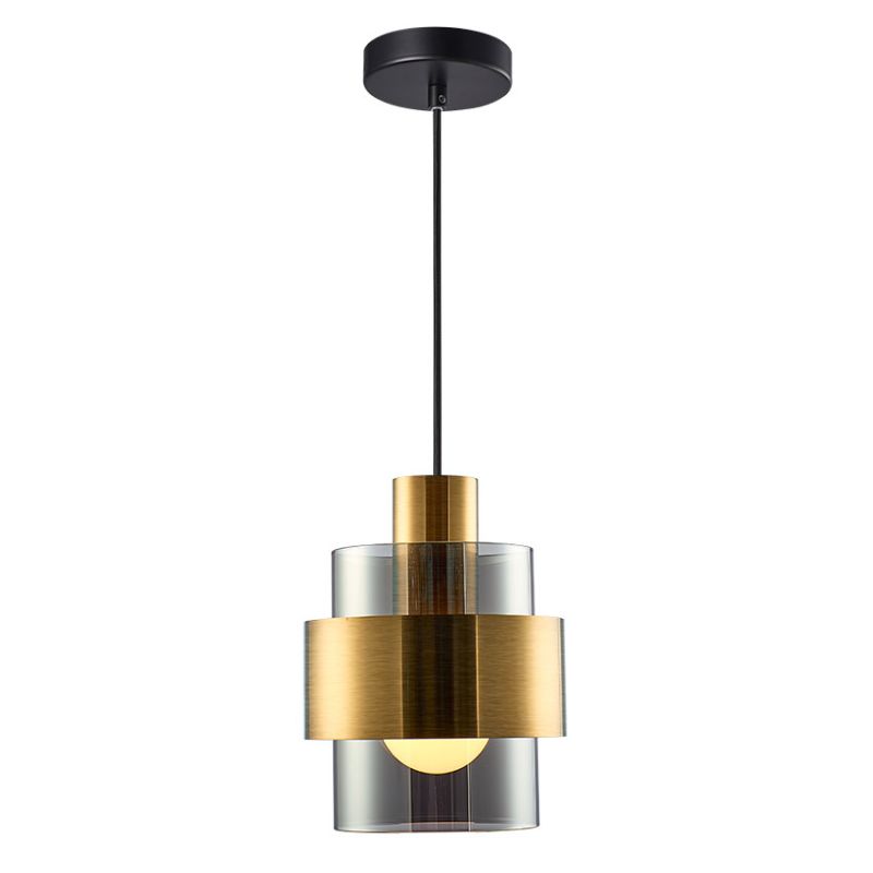 Cork Lighting-PF4202/1SM - Mela - Black & Matt Brass Pendant with Smoked Glass