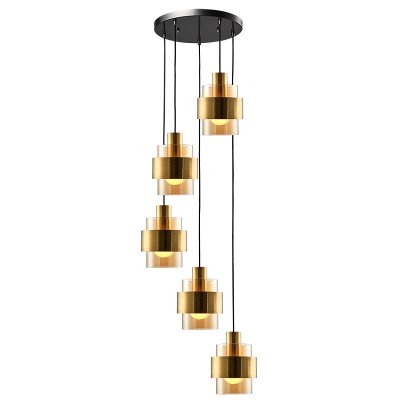 Cork Lighting-PF4202/5AM - Mela - Black & Matt Brass 5 Light Cluster Pendant with Amber Glass