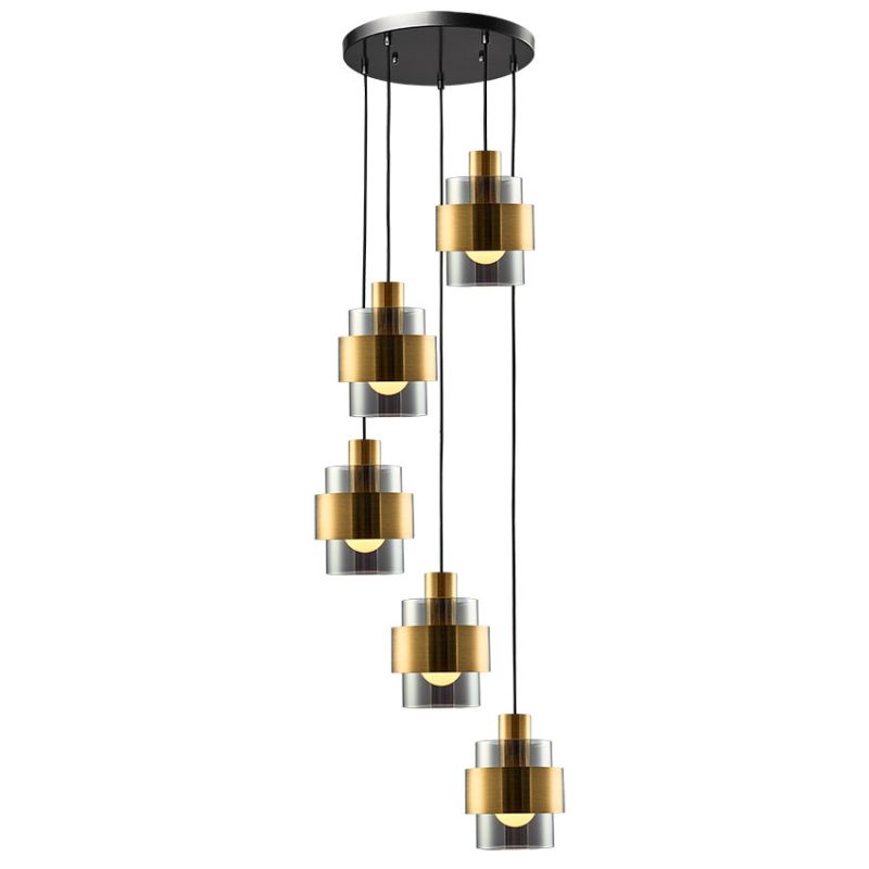 Cork Lighting-PF4202/5SM - Mela - Black & Matt Brass 5 Light Cluster Pendant with Smoked Glass