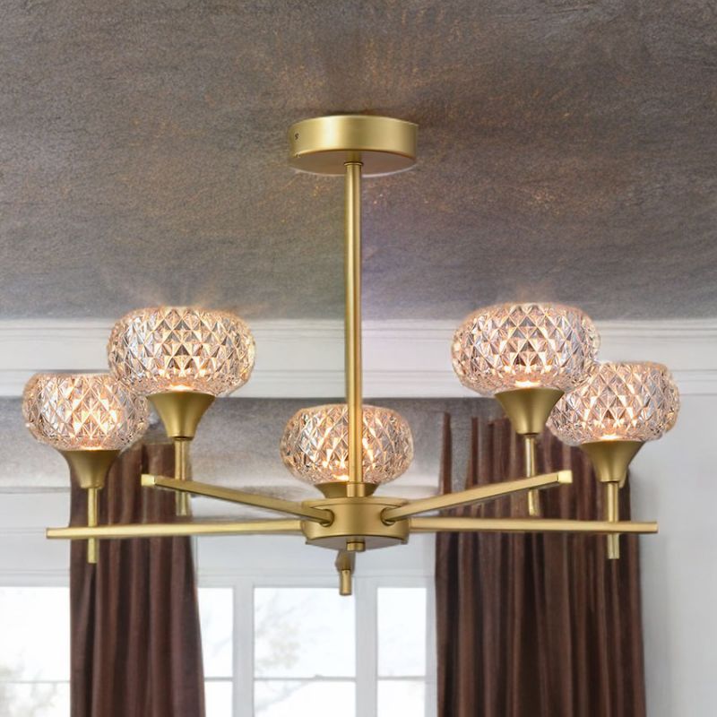 Cork Lighting-PF4633/5SB - Alpine - Satin Brass 5 Light Semi Flush with Textured Glass